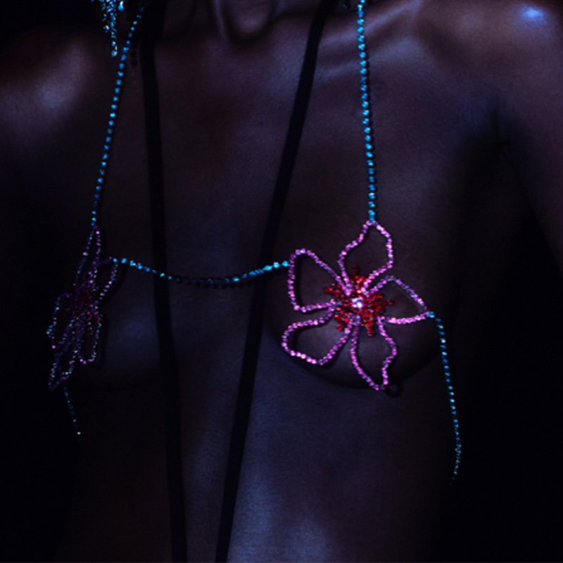 Body Jewelry Bra - Stonefans Pembe Çiçek Göğüs Zinciri Takı