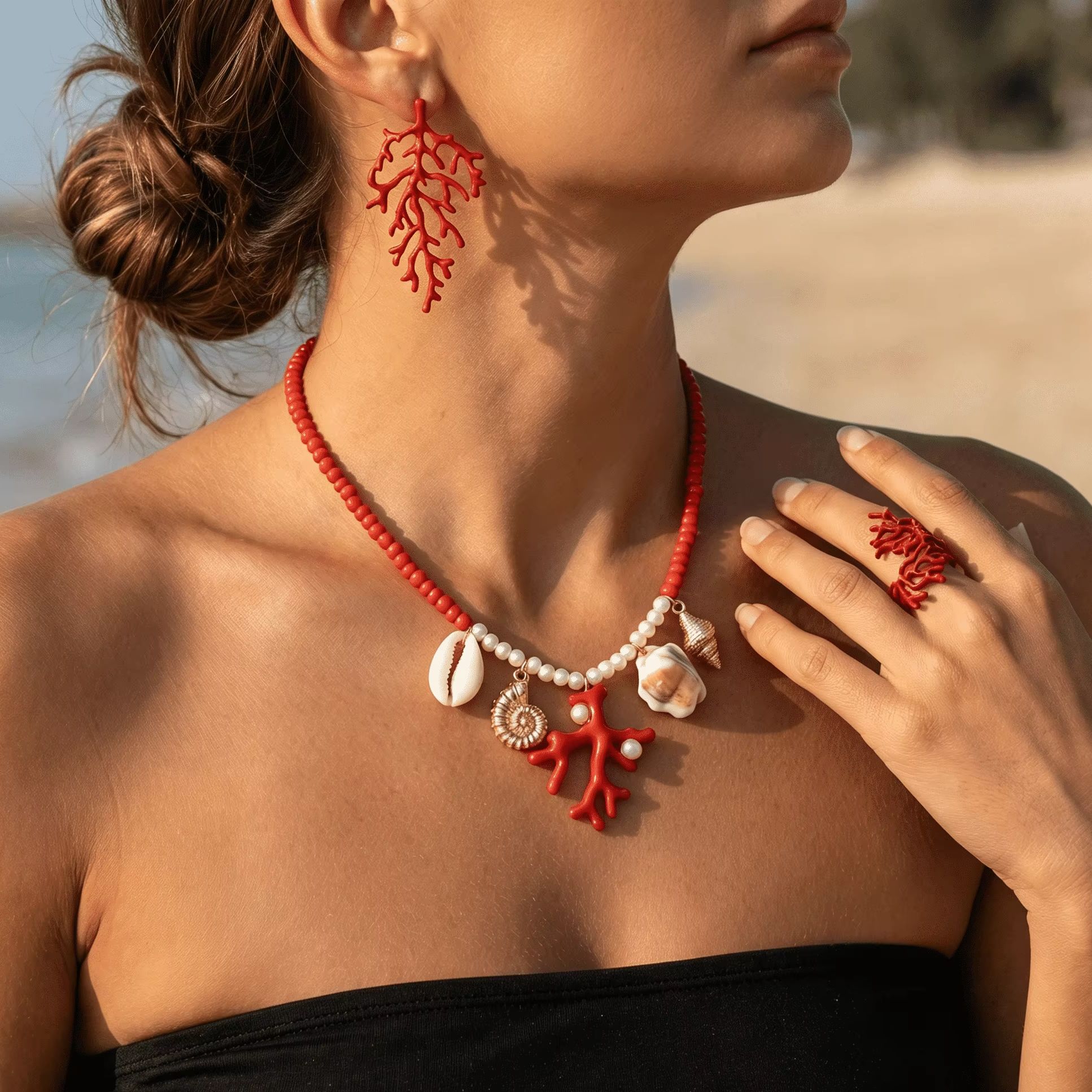 Conch Earring Hoop - Bohemian Kırmızı Mercan Dalı Yüzük Kolye